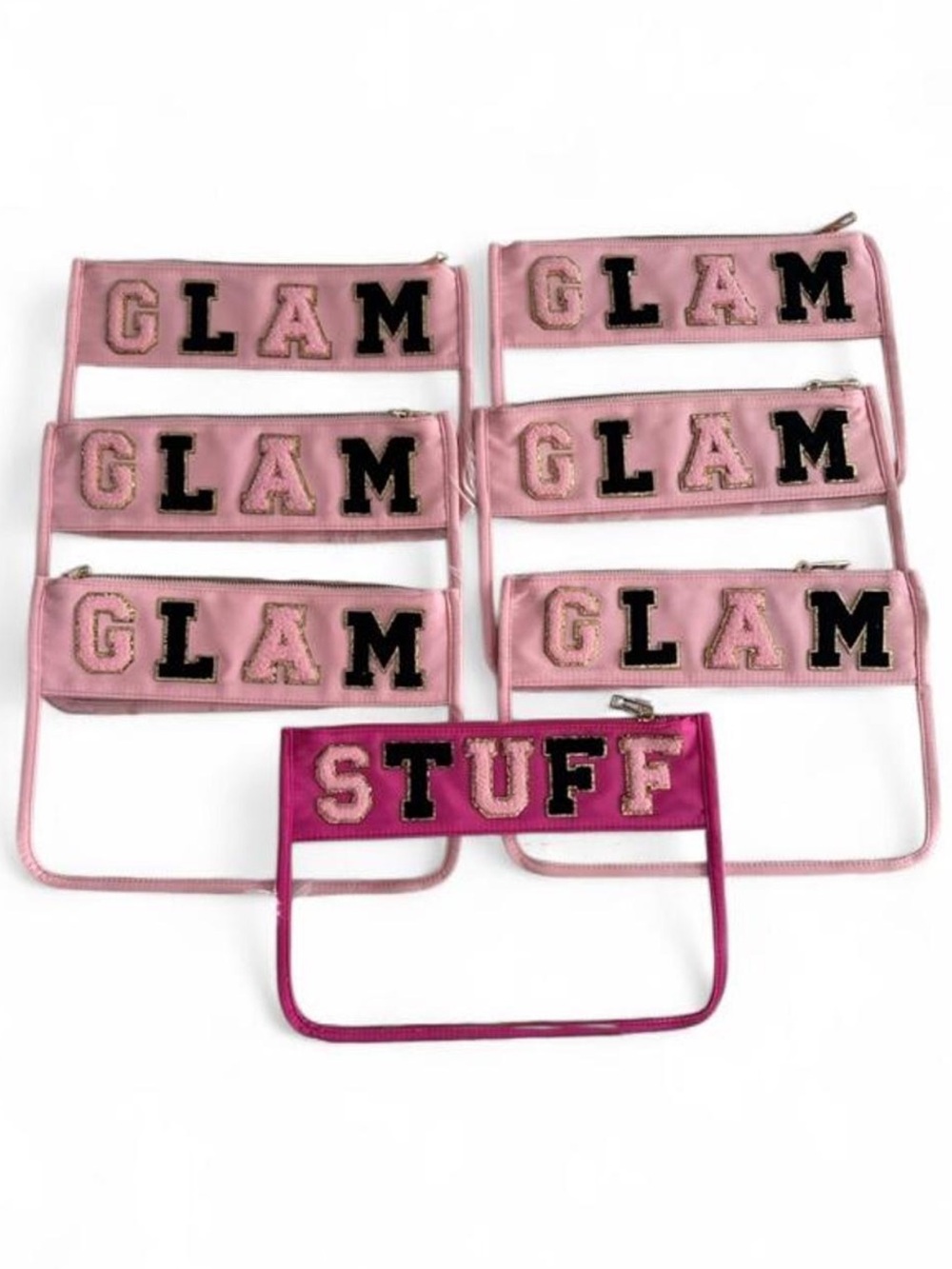 GLAM Clear Makeup Pouch with Chenille Patch Lettering - read description